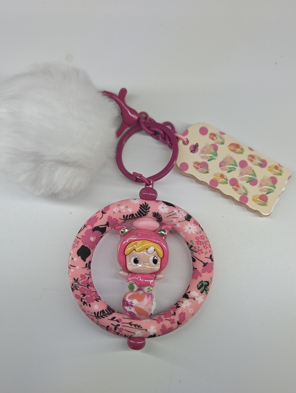 Cute Pink Plush Pom-Pom Keychain with Character Charm